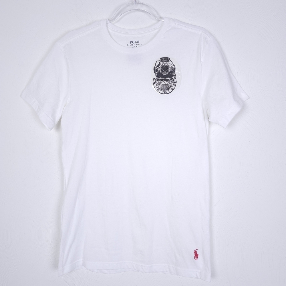 Polo Ralph Lauren White Tee with DIY vintage diver helmet graphic size M